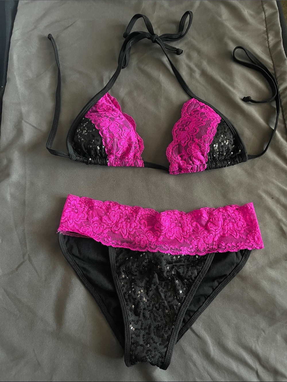 Black sequin Bikini Set with Pink Lace